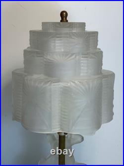 Antique Art Deco Skyscraper Shade Dancing Couple Frosted Glass Lamp 14 in