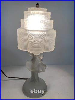 Antique Art Deco Skyscraper Shade Dancing Couple Frosted Glass Lamp 14 in