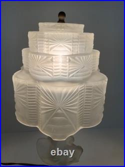 Antique Art Deco Skyscraper Shade Dancing Couple Frosted Glass Lamp 14 in