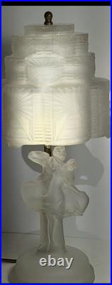 Antique Art Deco Skyscraper Shade Dancing Couple Frosted Glass Lamp 14 in