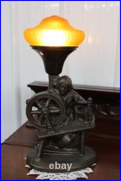 Antique Art Deco Spelter Figural Table Desk Side Lamp Spinning Wheel and Women
