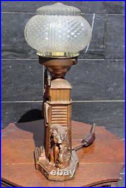 Antique Art Deco Spelter Figural Table Desk Side Lamp Windmill Portable Lamp
