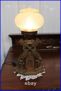 Antique Art Deco Spelter Figural Table Desk Side Lamp Windmill Portable Lamp