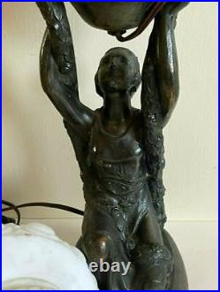 Antique Art Deco Spelter Flapper Joan Of Art Lamp withOrg Shade LaBelle Specialty