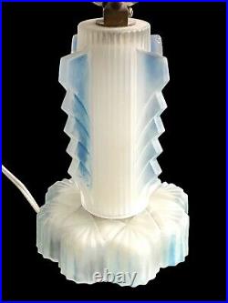 Antique Art Deco Table Lamp Frosted White and Blue