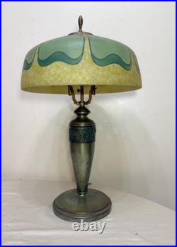 Antique Art Deco green Pittsburg hand painted glass bronze patinated table lamp
