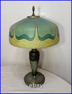 Antique Art Deco green Pittsburg hand painted glass bronze patinated table lamp