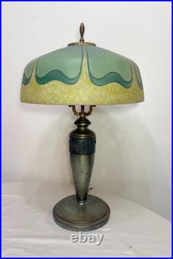 Antique Art Deco green Pittsburg hand painted glass bronze patinated table lamp