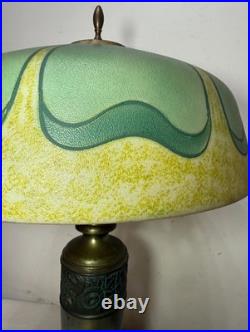 Antique Art Deco green Pittsburg hand painted glass bronze patinated table lamp