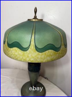 Antique Art Deco green Pittsburg hand painted glass bronze patinated table lamp