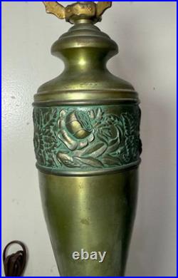 Antique Art Deco green Pittsburg hand painted glass bronze patinated table lamp