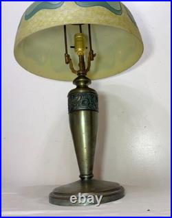 Antique Art Deco green Pittsburg hand painted glass bronze patinated table lamp
