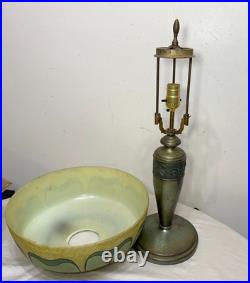 Antique Art Deco green Pittsburg hand painted glass bronze patinated table lamp