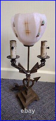 Antique Art Deco mission gothic candelabra table lamp two arm light