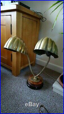 Antique Art Deco, twin head, Brass Clam Shell Lamp, Articulated, Gooseneck, desk