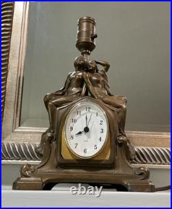 Antique Art Nouveau Art Deco Nude Figural Cast Heavy Metal Mantel Clock and Lamp