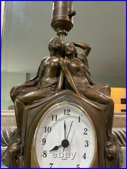Antique Art Nouveau Art Deco Nude Figural Cast Heavy Metal Mantel Clock and Lamp