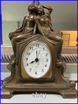 Antique Art Nouveau Art Deco Nude Figural Cast Heavy Metal Mantel Clock and Lamp