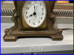 Antique Art Nouveau Art Deco Nude Figural Cast Heavy Metal Mantel Clock and Lamp