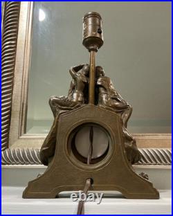 Antique Art Nouveau Art Deco Nude Figural Cast Heavy Metal Mantel Clock and Lamp