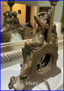 Antique Art Nouveau Art Deco Nude Figural Cast Heavy Metal Mantel Clock and Lamp