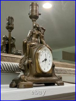 Antique Art Nouveau Art Deco Nude Figural Cast Heavy Metal Mantel Clock and Lamp