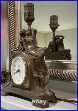 Antique Art Nouveau Art Deco Nude Figural Cast Heavy Metal Mantel Clock and Lamp