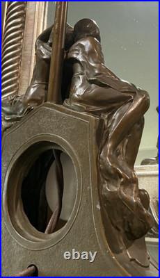 Antique Art Nouveau Art Deco Nude Figural Cast Heavy Metal Mantel Clock and Lamp