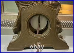 Antique Art Nouveau Art Deco Nude Figural Cast Heavy Metal Mantel Clock and Lamp