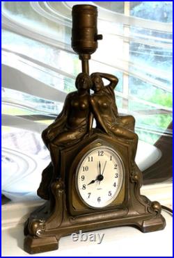 Antique Art Nouveau Art Deco Nude Figural Cast Heavy Metal Mantel Clock and Lamp
