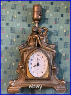 Antique Art Nouveau Art Deco Nude Figural Cast Heavy Metal Mantel Clock and Lamp