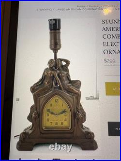 Antique Art Nouveau Art Deco Nude Figural Cast Heavy Metal Mantel Clock and Lamp