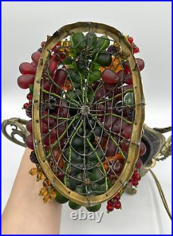 Antique Art Nouveau Czech Bohemian Glass Beaded Fruit Lamp Basket