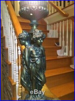 Antique Art Nouveau Deco Figural Ladies Lamp Original Flame Shade Newel
