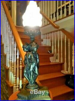 Antique Art Nouveau Deco Figural Ladies Lamp Original Flame Shade Newel