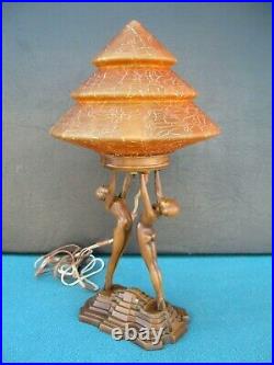 Antique Art Nouveau Deco Figural Nude Ladies Lifting Crackled Amber Lamp Shade