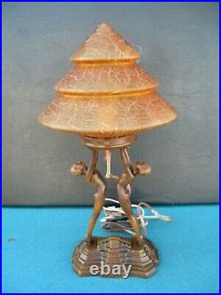 Antique Art Nouveau Deco Figural Nude Ladies Lifting Crackled Amber Lamp Shade