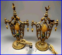 Antique Art Nouveau Deco Gilt Boudoir Mantle Lamp Set