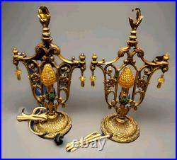 Antique Art Nouveau Deco Gilt Boudoir Mantle Lamp Set