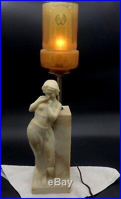 Antique Art Nouveau M. Italy Alabaster Carved Woman Table Lamp Art Deco Shade