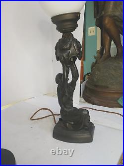 Antique Art deco Lamp See Video Joan of Arc Lady Figural metal Lamp