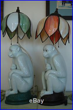 Antique Arts And Crafts Art Deco Nouveau Monkey Porcelain Slag Glass Shade Lamps