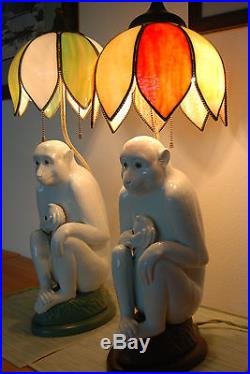 Antique Arts And Crafts Art Deco Nouveau Monkey Porcelain Slag Glass Shade Lamps