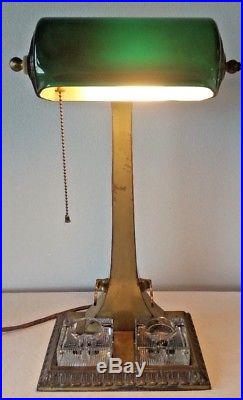 Antique BANKER'S LAMP with EMERALD Green SHADE Double Inkwells Pen Holder ART DECO