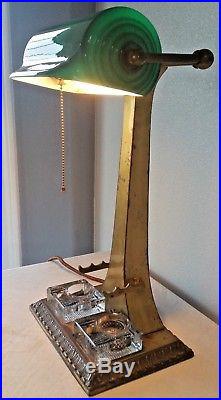 Antique BANKER'S LAMP with EMERALD Green SHADE Double Inkwells Pen Holder ART DECO