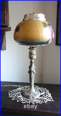 Antique BOUDOIR LAMP GLASS TOLE PAINTED SHADE cloth cord WORKS art nouveau deco