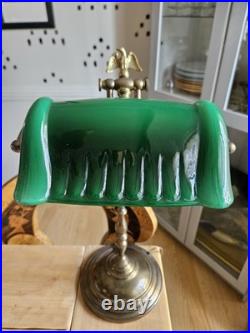 Antique Banker Lamp in Art Deco Style With Beautiful Green Glass Shade