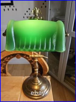 Antique Banker Lamp in Art Deco Style With Beautiful Green Glass Shade