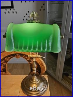 Antique Banker Lamp in Art Deco Style With Beautiful Green Glass Shade