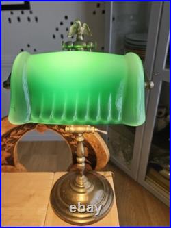 Antique Banker Lamp in Art Deco Style With Beautiful Green Glass Shade